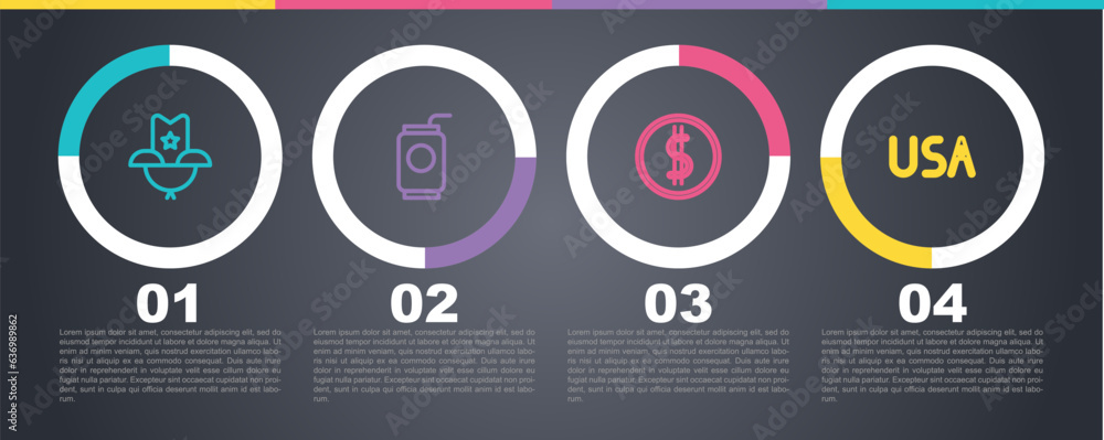 Set line Western cowboy hat, Soda can with straw, Coin money dollar and USA label. Business infographic template. Vector Set line Western cowboy hat, Soda can with straw, Coin money dollar and USA label. Business infographic template. Vector