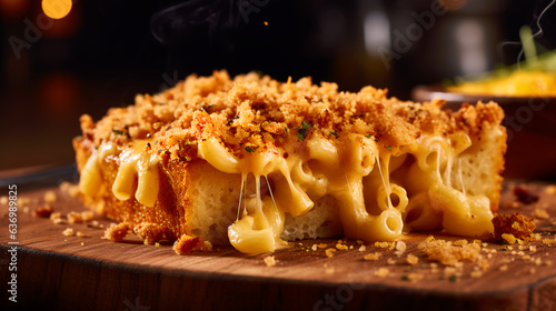 a classic macaroni and cheese dish, topped with a golden-brown breadcrumb crust, inviting you to savor every cheesy mouthful