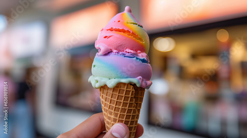 a delightful rainbow sherbet cone, the colorful layers of fruity flavors slowly mixing to create a delightful explosion of taste photo