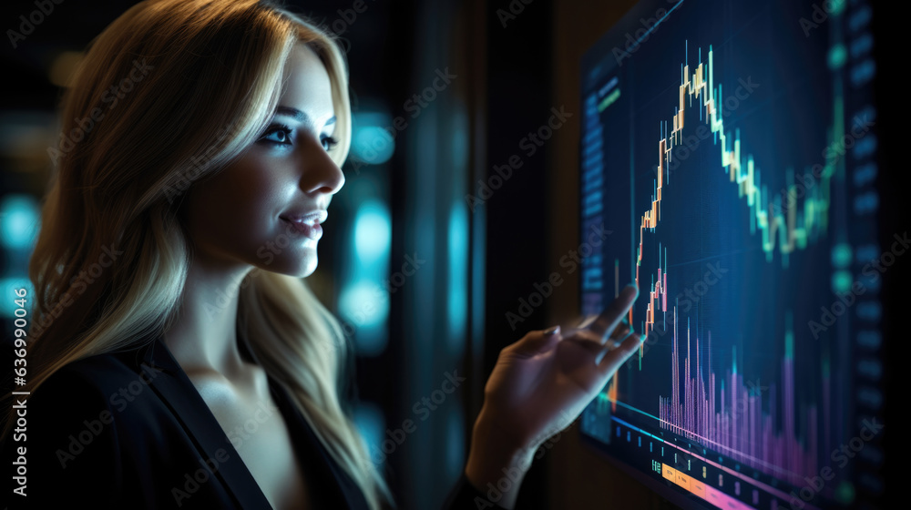 businesswoman is working with her smartphone in front of trading analysis chart. businesswoman is working with her smartphone in front of trading analysis chart.