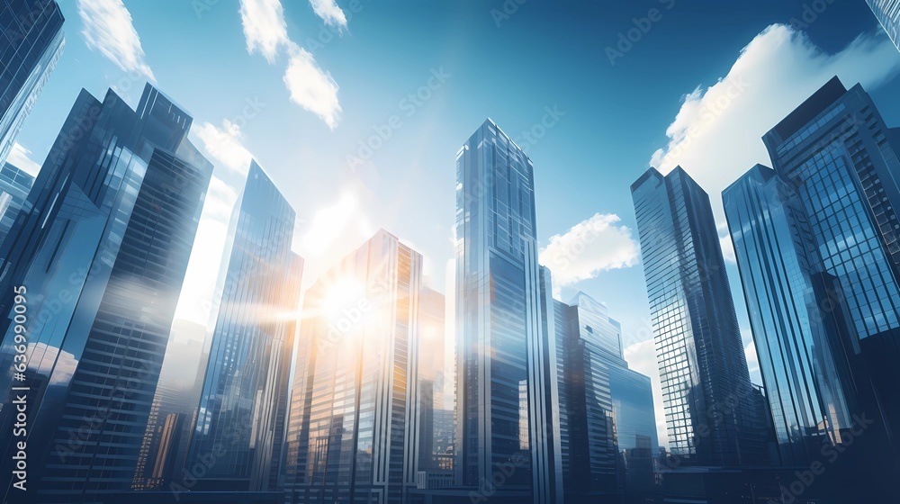 AI generated, image of highrise buildings and the sun shining behind them, in the style of commercial imagery, light navy and azure, elegant cityscapes, streamlined design.