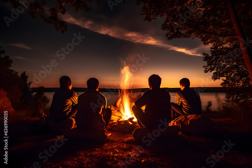 Friends sitting around a bonfire photo