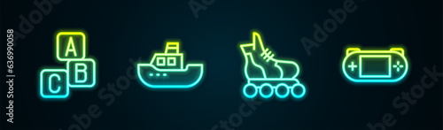 Set line ABC blocks, Toy boat, Roller skate and Portable video game console. Glowing neon icon. Vector