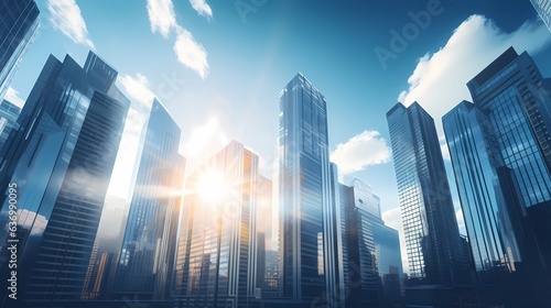 AI generated, image of highrise buildings and the sun shining behind them, in the style of commercial imagery, light navy and azure, elegant cityscapes, streamlined design.