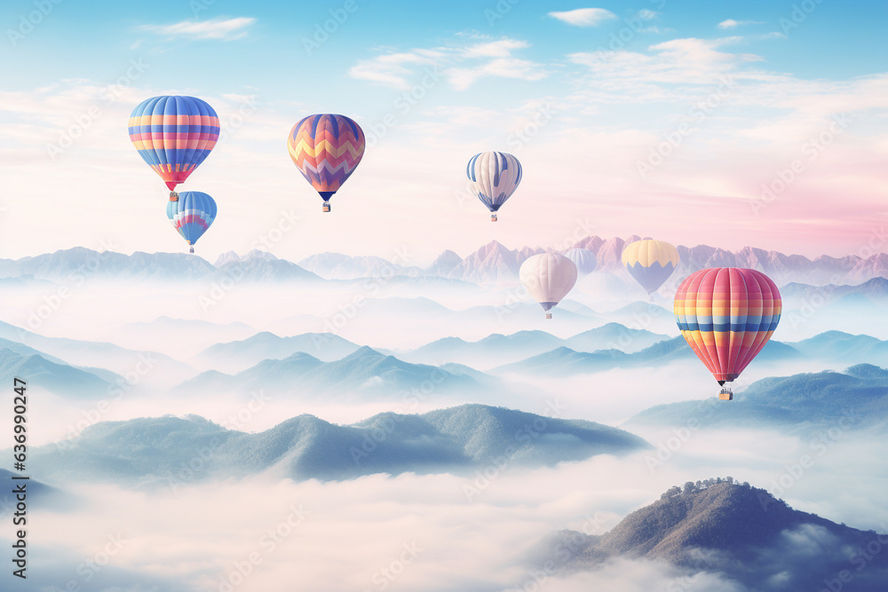 Colourful hot air balloons flying over the mountain. Colourful hot air balloons flying over the mountain.