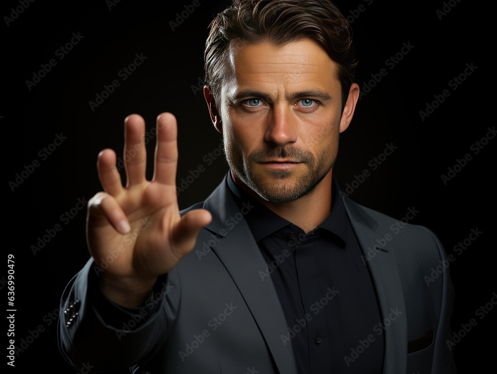 Confident portrait of businessman with authoritative hand gesture, corporate, professional photography, natural lighting, daytime, executive photograph, confident mood, minimalistic photo manipulation