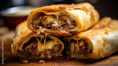 deep-fried loaded Philly cheesesteak egg rolls with melted cheese.