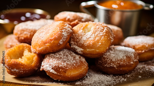Delectable fried doughnuts coated in powdered sugar, a classic fair treat