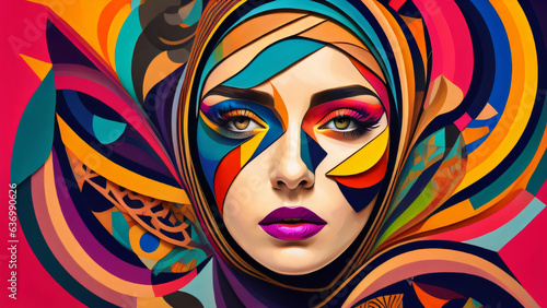 Face of Woman Wearing Hijab in an Colorful Abstract Art (Generative AI)