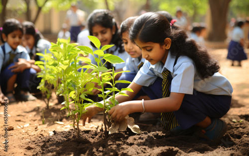 Fototapeta Indian schoolgirls doing gardening in the school garden, back to school concept