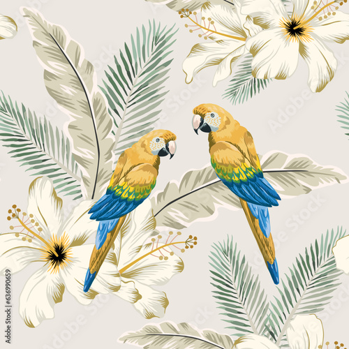 Yellow macaw parrots, hibiscus flowers, palm leaves, light background. Vector floral seamless pattern. Tropical illustration. Exotic plants, birds. Summer beach design. Paradise nature