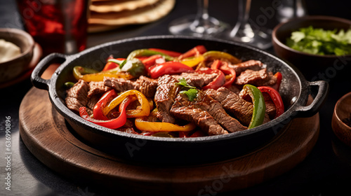 A sizzling plate of fajitas with tender strips of beef, bell peppers, and onions, served with tortillas and guacamole