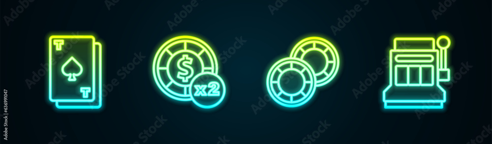 Set line Playing card with spades, Casino chips, and Slot machine. Glowing neon icon. Vector Set line Playing card with spades, Casino chips, and Slot machine. Glowing neon icon. Vector