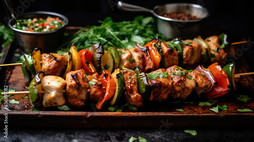 A stunning platter of skewered marinated chicken kebabs, grilled to perfection.