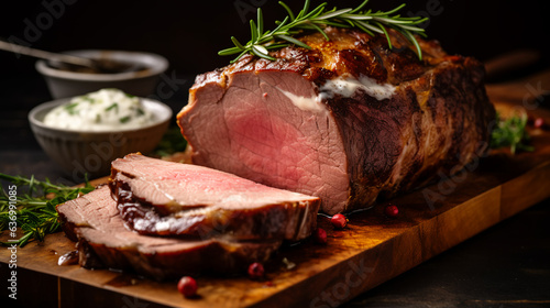 Canvas Print Juicy slices of prime rib roast served with horseradish sauce, garnished with fresh herbs