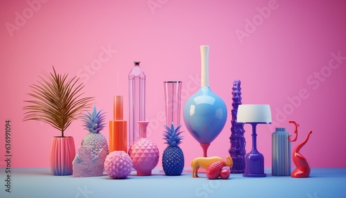 3D colorful modern design vase, glasses and flamingo for decoration on pink background shiny and glossy 
