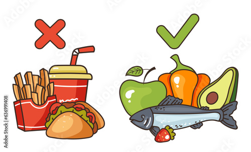 Healthy unhealthy food diet balance concept. Vector flat graphic design illustration