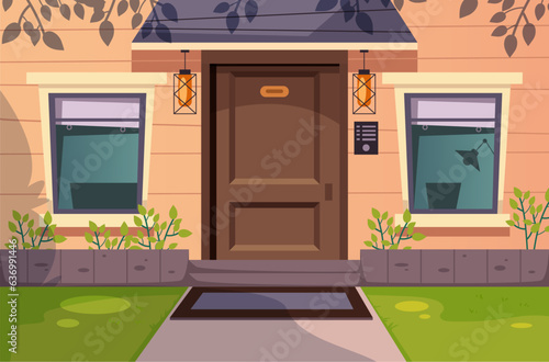 Door house wall front view facade street concept. Vector flat graphic design illustration