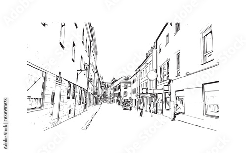 Building view with landmark of Regensburg is a city in eastern Bavaria. Hand drawn sketch illustration in vector.