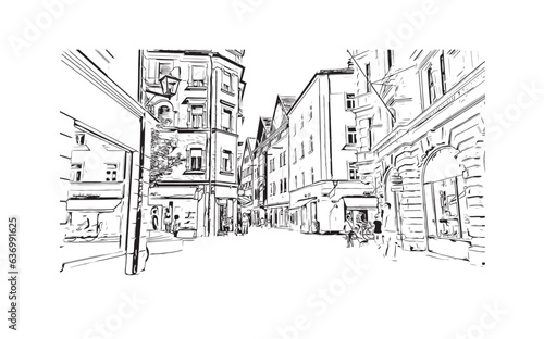 Building view with landmark of Regensburg is a city in eastern Bavaria. Hand drawn sketch illustration in vector.