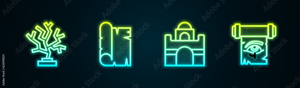 Set line Coral, Papyrus scroll, Egyptian house and Eye of Horus on papyrus. Glowing neon icon. Vector