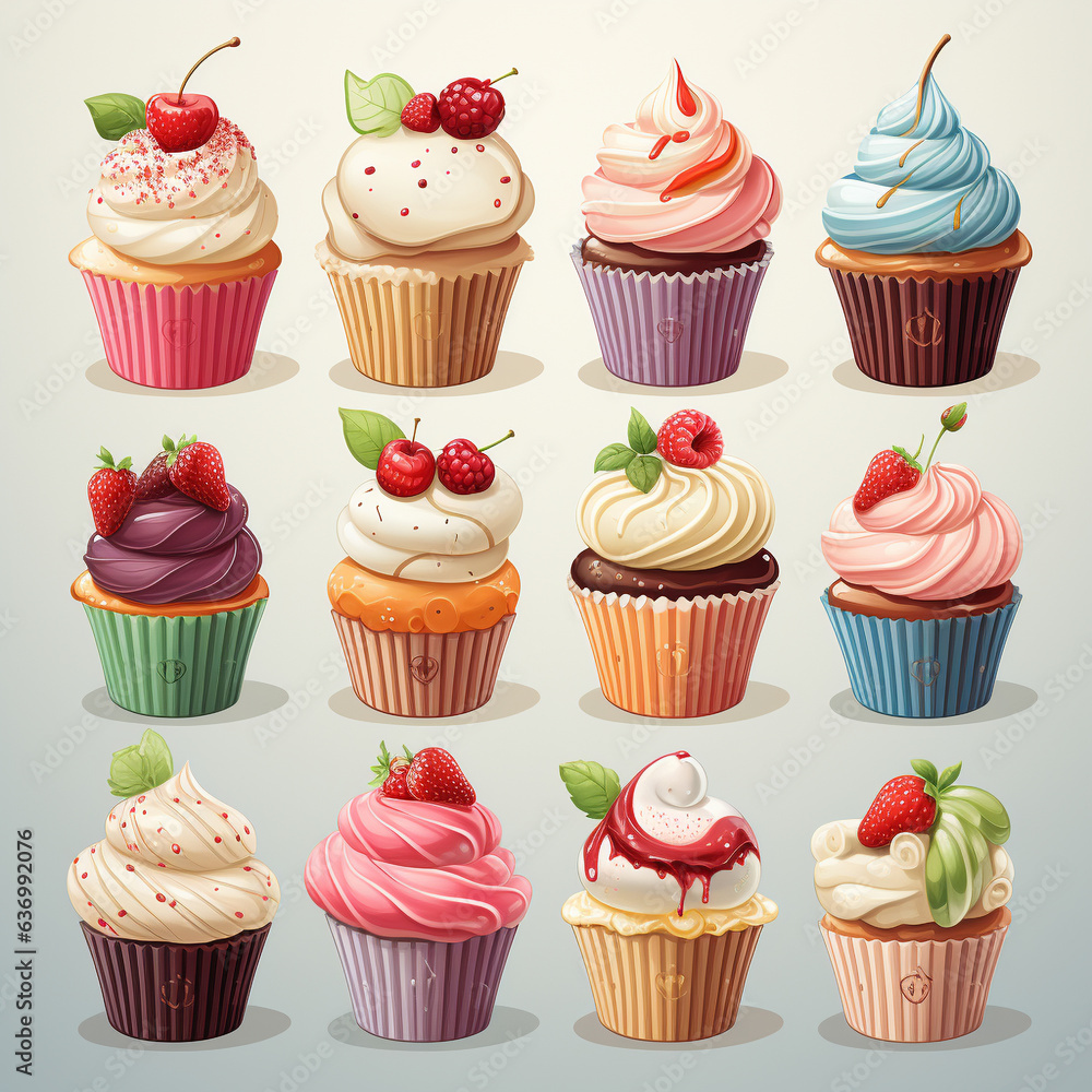 Set of cupcakes in a minimalistic composition, delightful colors and intricate designs. Set of cupcakes in a minimalistic composition, delightful colors and intricate designs.