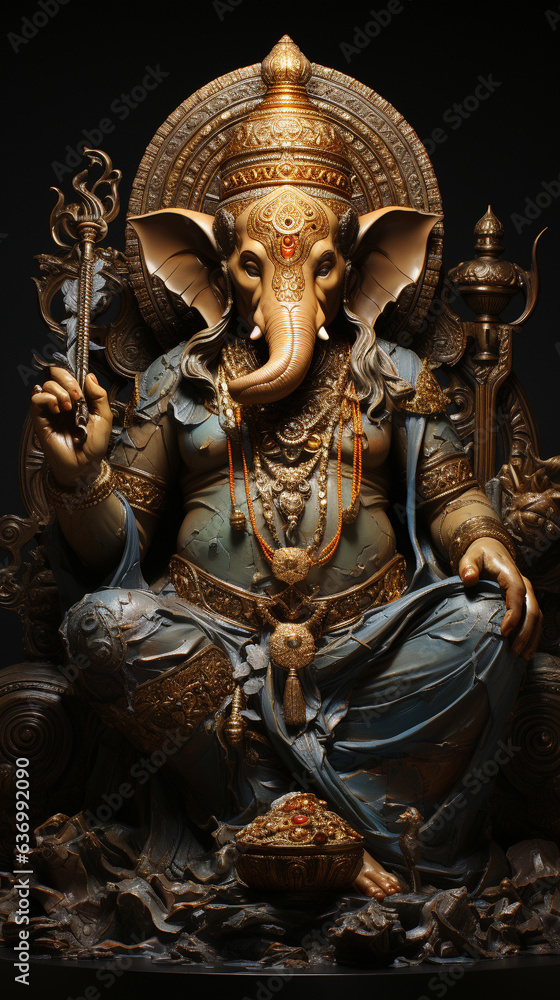 Hindu God Ganesha. Ganesha Idol on dark background. .Wallpapers for mobile phone.