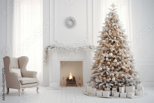 Illustration of Christmas tree and gift boxes in light white room interior © netrun78