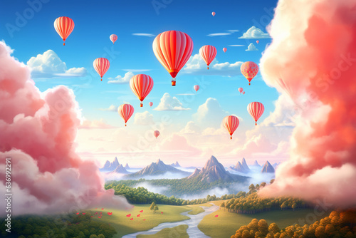 Colourful hot air balloons flying over the mountain. 