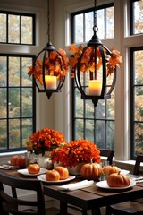 Decoration ideas of countryhouse for fall holidays. Autumn decor with wreath and suspended pumpkins for thanksgiving and halloween