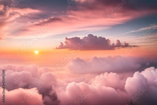 A single, fluffy white cloud illuminated by a soft, pink sunset - AI Generative