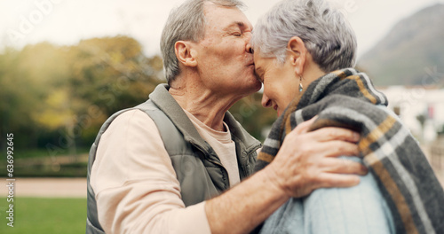 Canvastavla Forehead, kiss and senior couple in a park with love, happy and conversation with romantic bonding