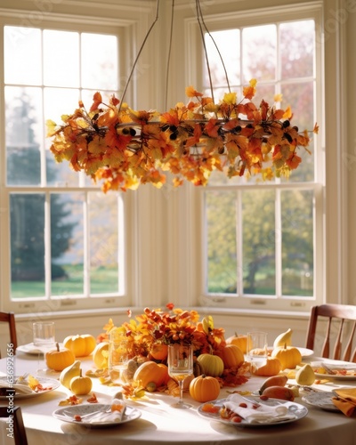 Decoration ideas of countryhouse for fall holidays. Autumn decor with wreath and suspended pumpkins for thanksgiving and halloween photo