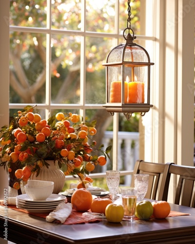 Decoration ideas of countryhouse for fall holidays. Autumn decor with wreath and suspended pumpkins for thanksgiving and halloween photo