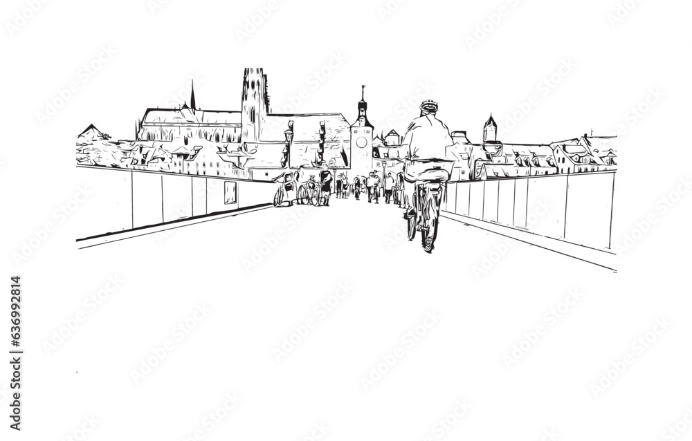 Building view with landmark of Regensburg is a city in eastern Bavaria. Hand drawn sketch illustration in vector.
