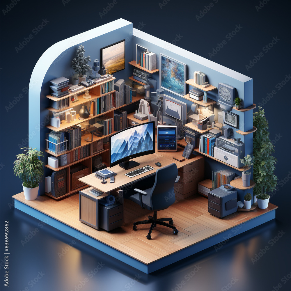 Contemporary home office interior with computer, desk and modern design decorations, isometric 3D illustration.  - obrazy, fototapety, plakaty 
