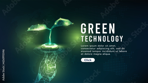 Hand holding plant or seeding on earth background .Low polygon.Green technology and science concept, ecology system.Hi-tech and futuristic.Digital and technology concept background.
