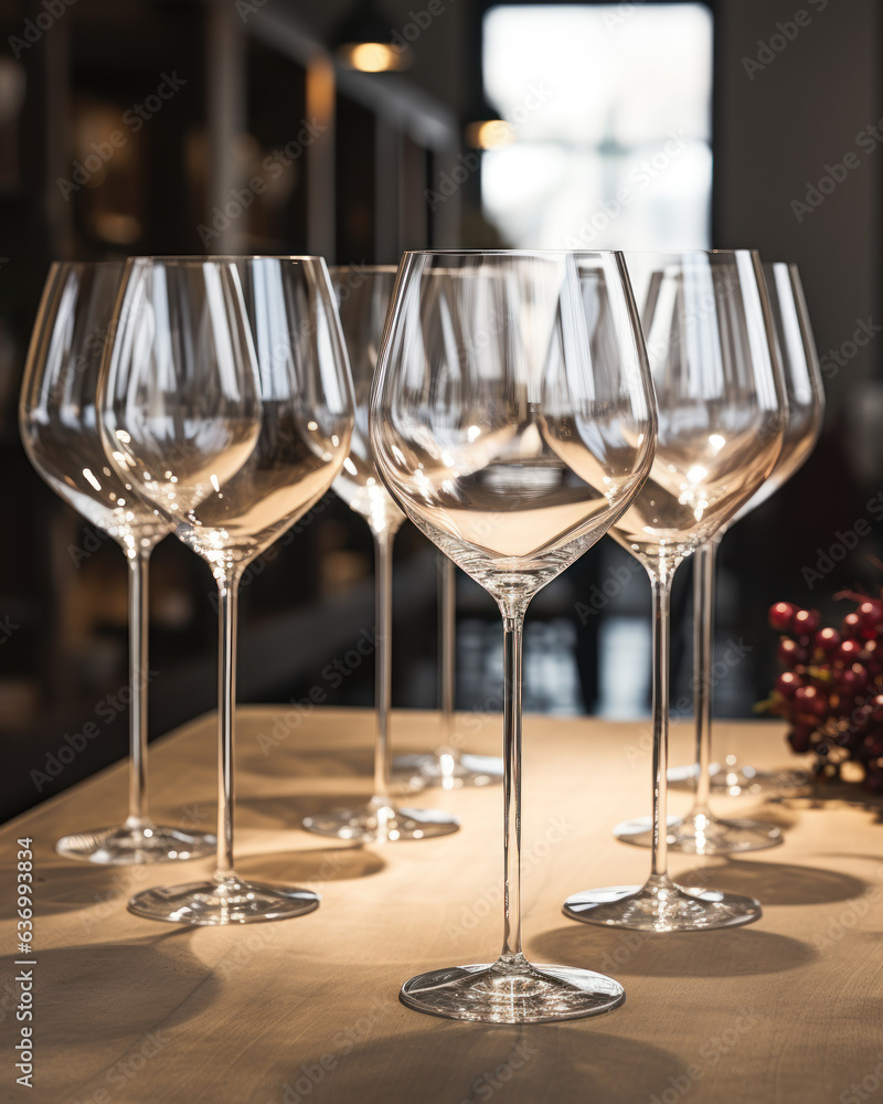 Table a number glasses of wine, cocktail party, wine tasting in winery, generative ai Table a number glasses of wine, cocktail party, wine tasting in winery, generative ai