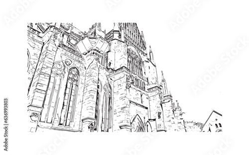 Building view with landmark of Regensburg is a city in eastern Bavaria. Hand drawn sketch illustration in vector.