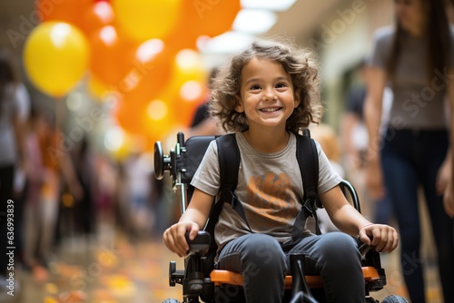 Smiling boy in wheelchair. Generative AI