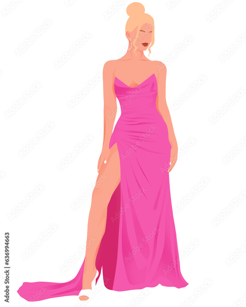 Woman blonde in pink dress