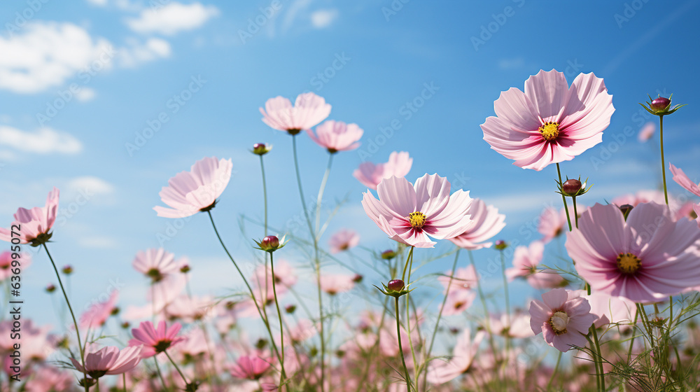 Cosmos flowers field on sunny day.