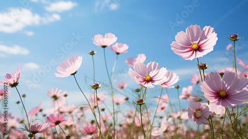 Cosmos flowers field on sunny day.
