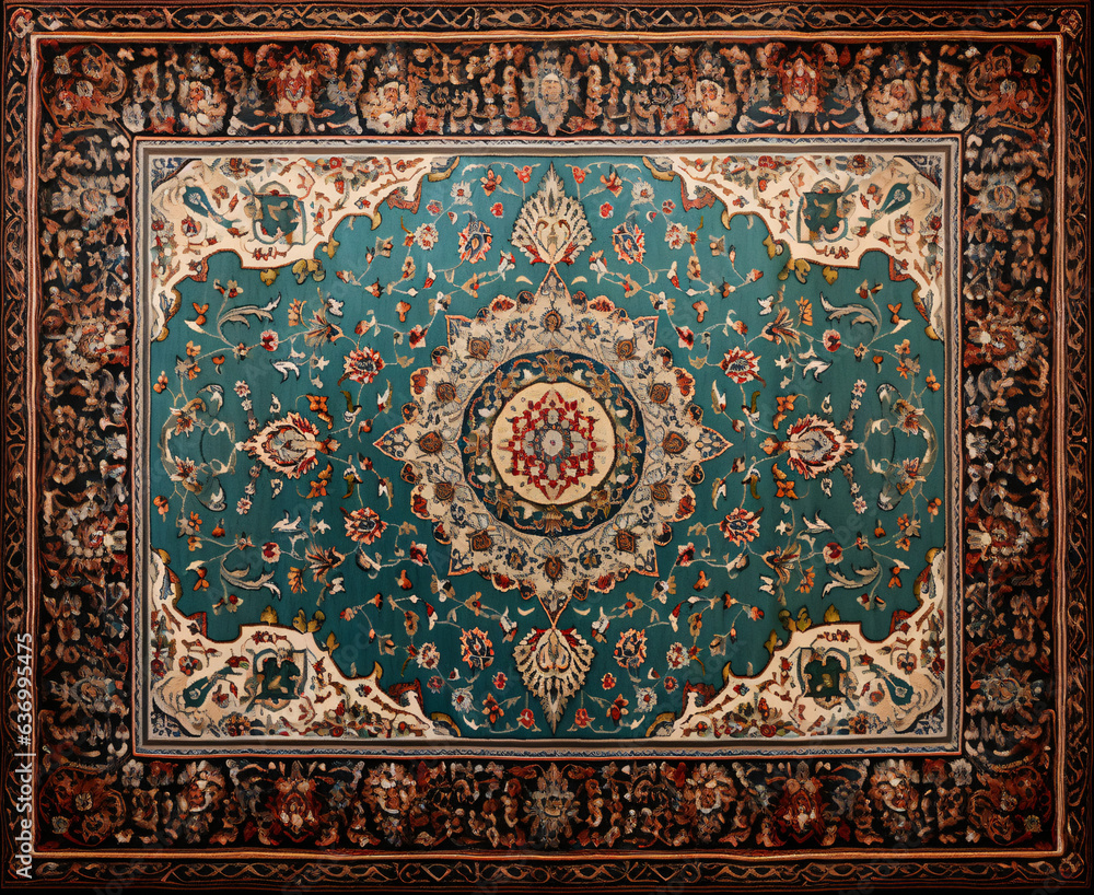 Persian carpet in blue and brown color with antique pattern on the floor top view