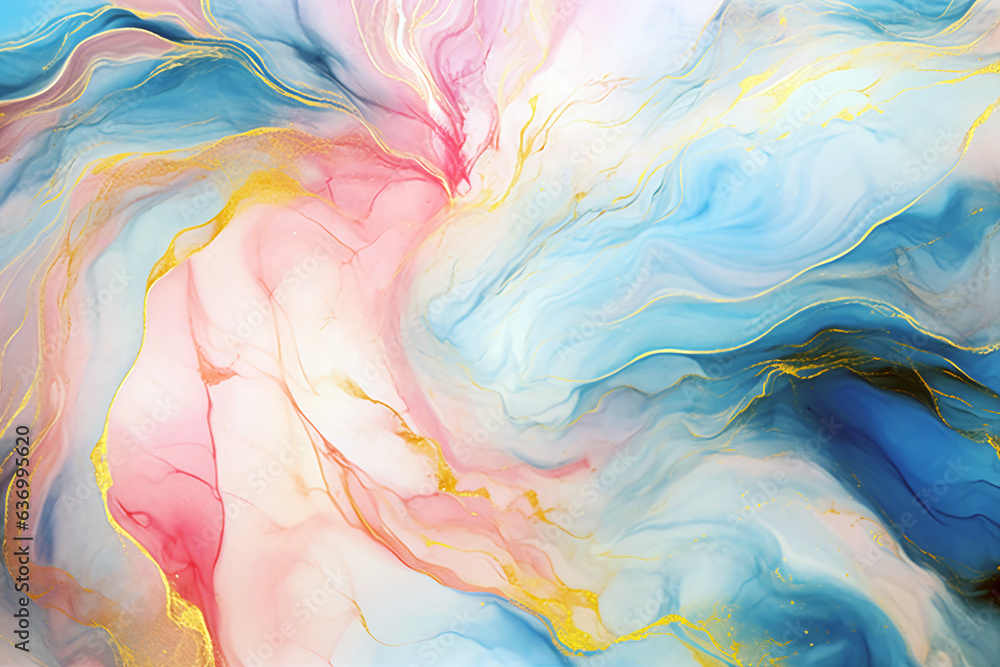 Abstract colorful fluid background, multicolored watercolor paints and thin golden lines. Generative AI