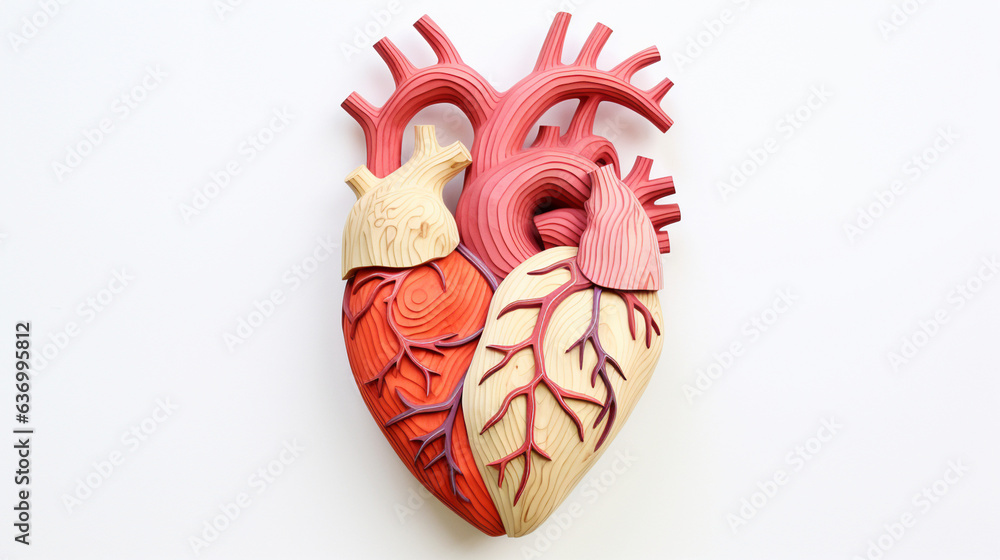 Naklejka premium The heart of a man with veins and blood in the form of a wooden model
