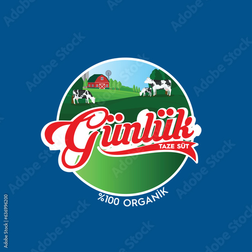Günlük süt logosu %100 organik. Mavi arkaplan. Translation : Daily milk logo 100% organic. blue background