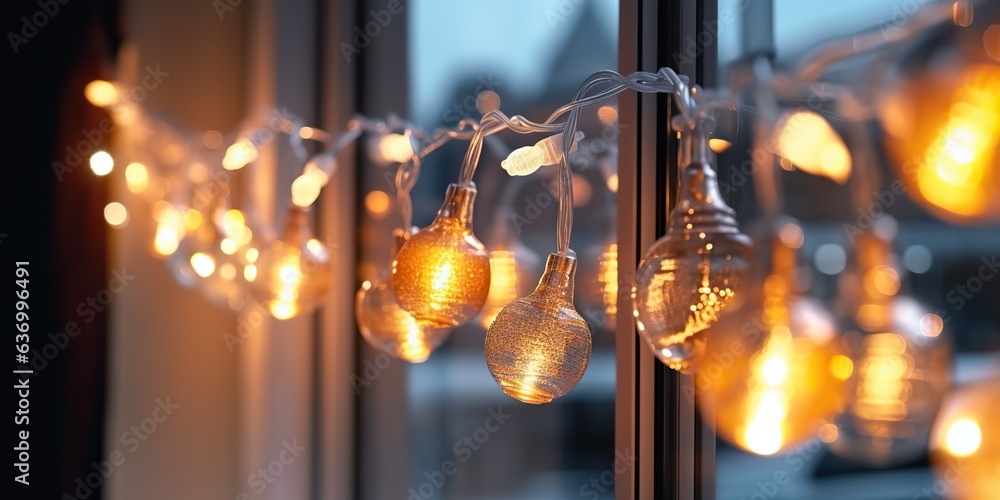 AI Generated. AI Generative. Merry Christmas New Year xmas holiday celebration ligh balls decoration glowing garland background. Can be used like holiday mock up template