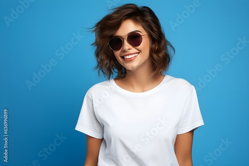 Potrait of a model in white tshirt with blue background  photo