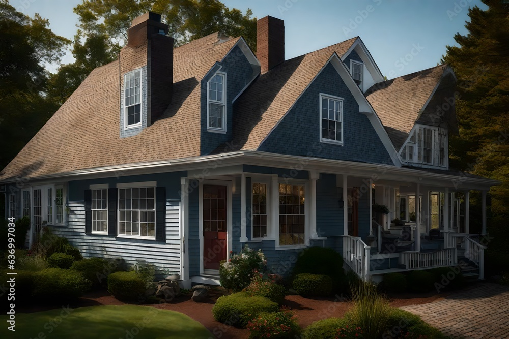 Cape Cod-style house with shingles and a central chimney - AI Generative